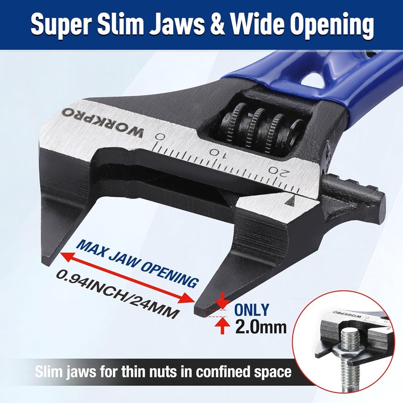 WORKPRO 4-Inch Thin Jaws Stubby Wide Opening Adjustable Wrench, Small Adjustable Wrench with 2mm Slim Jaws for Easy Access to Tight Spaces, Metric/SAE Scales, Cr-V Steel - Image 2
